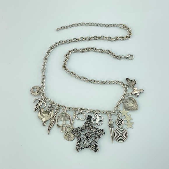 Western Charm Necklace, Handmade, Chunky, Funky, Stars, Skull, Antiqued Silver - Picture 5 of 9